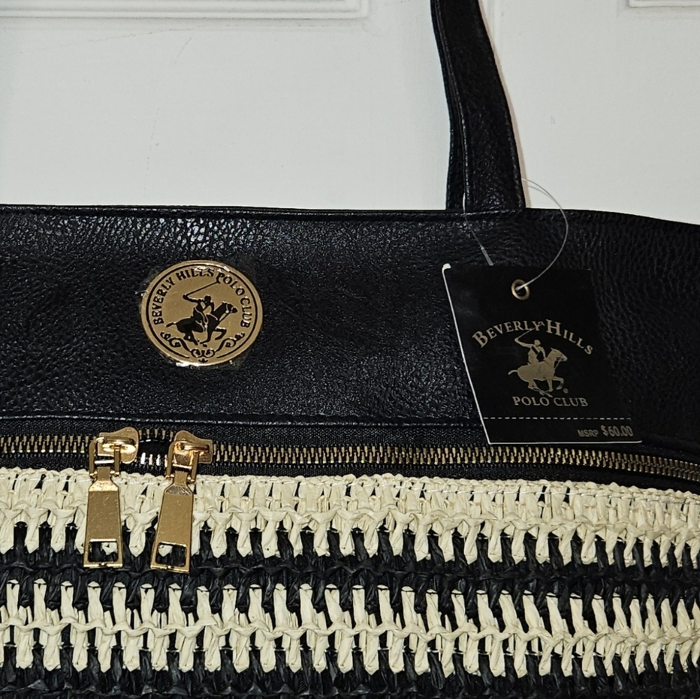 #589- Beverly Hills Polo Club Black/Cream Straw Tote Bag w/BagCharm - Picture 5 of 7